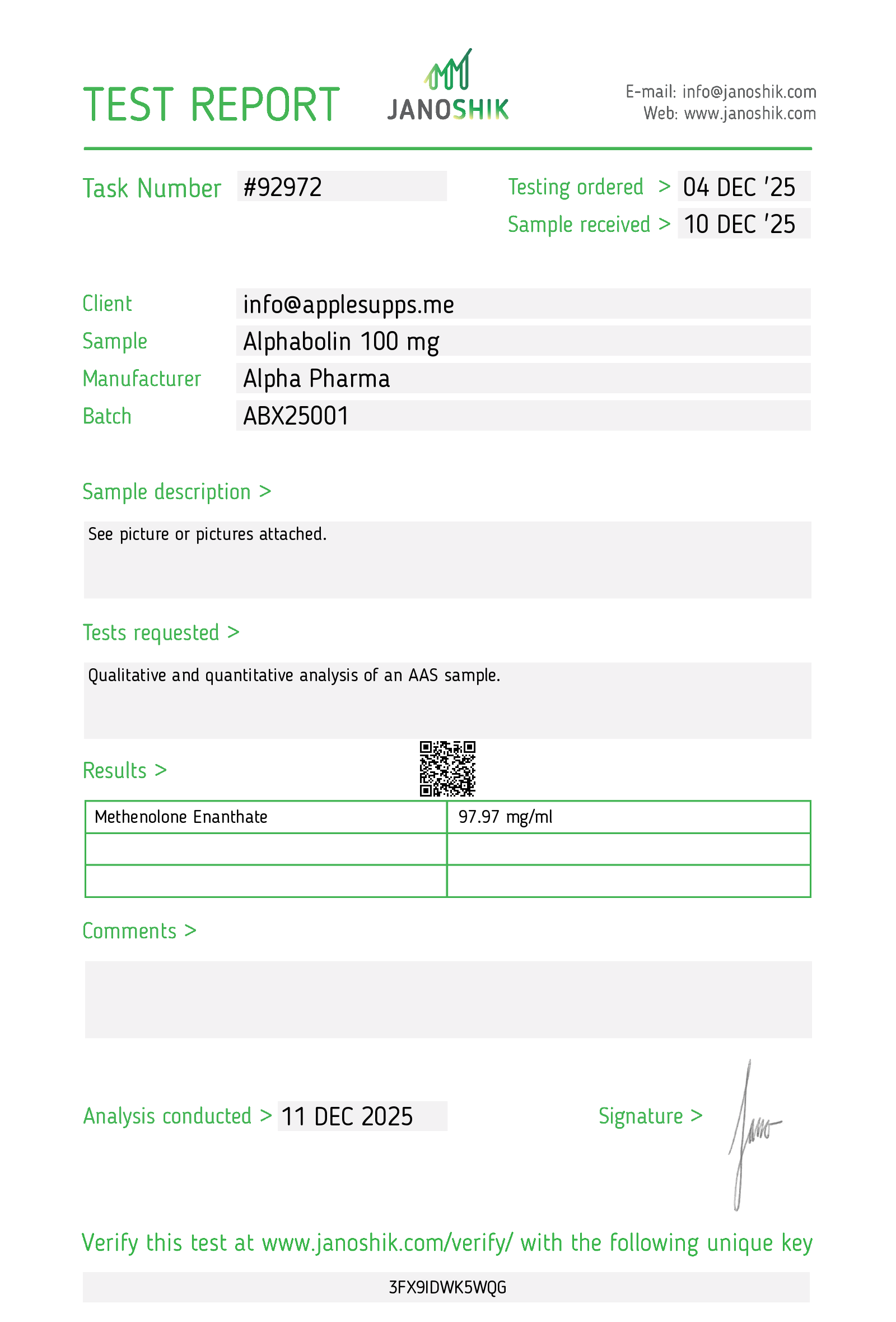 Independent Janošik laboratory certificate of analysis for batch ABX25001