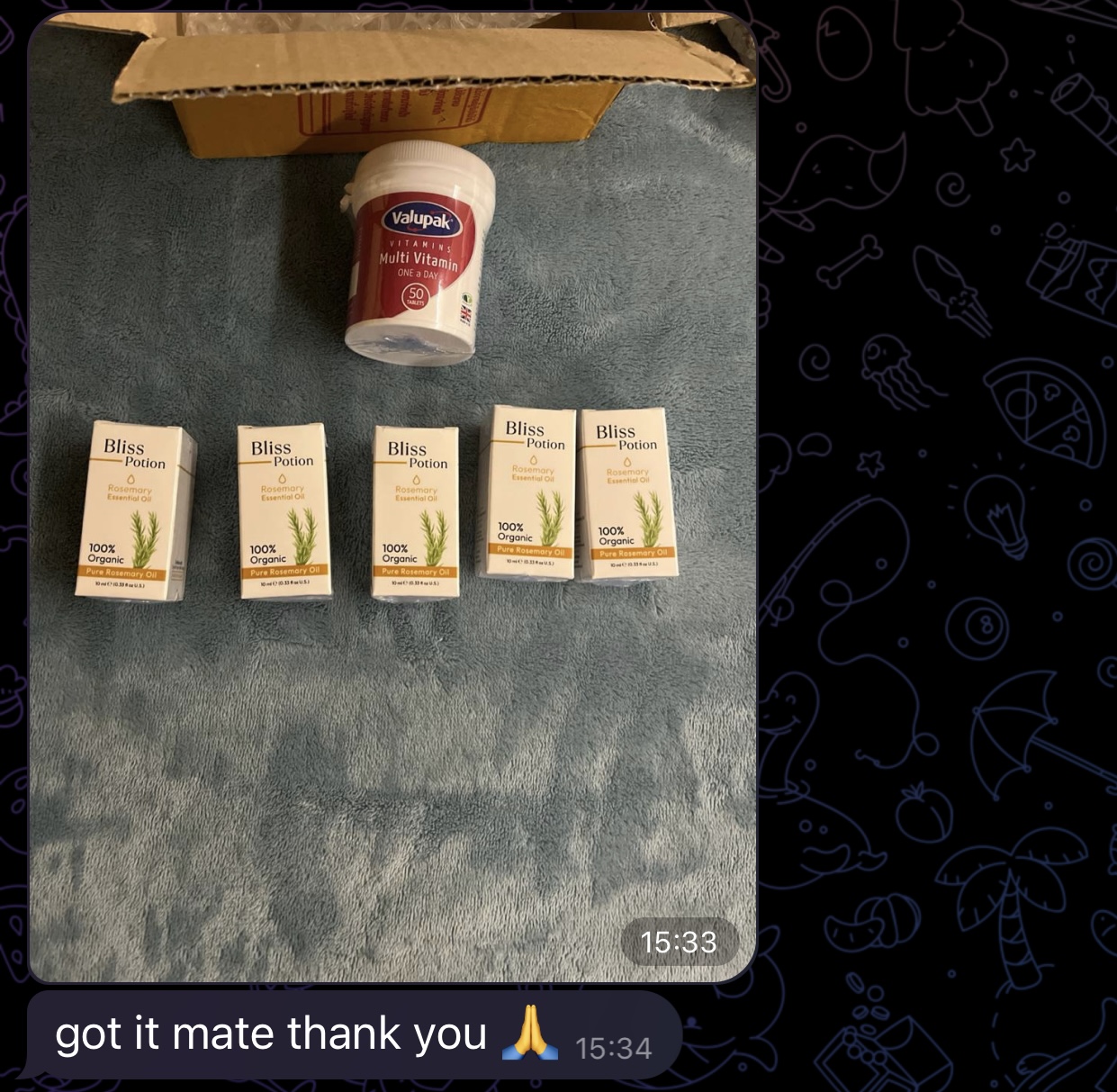 Customer message confirming order received