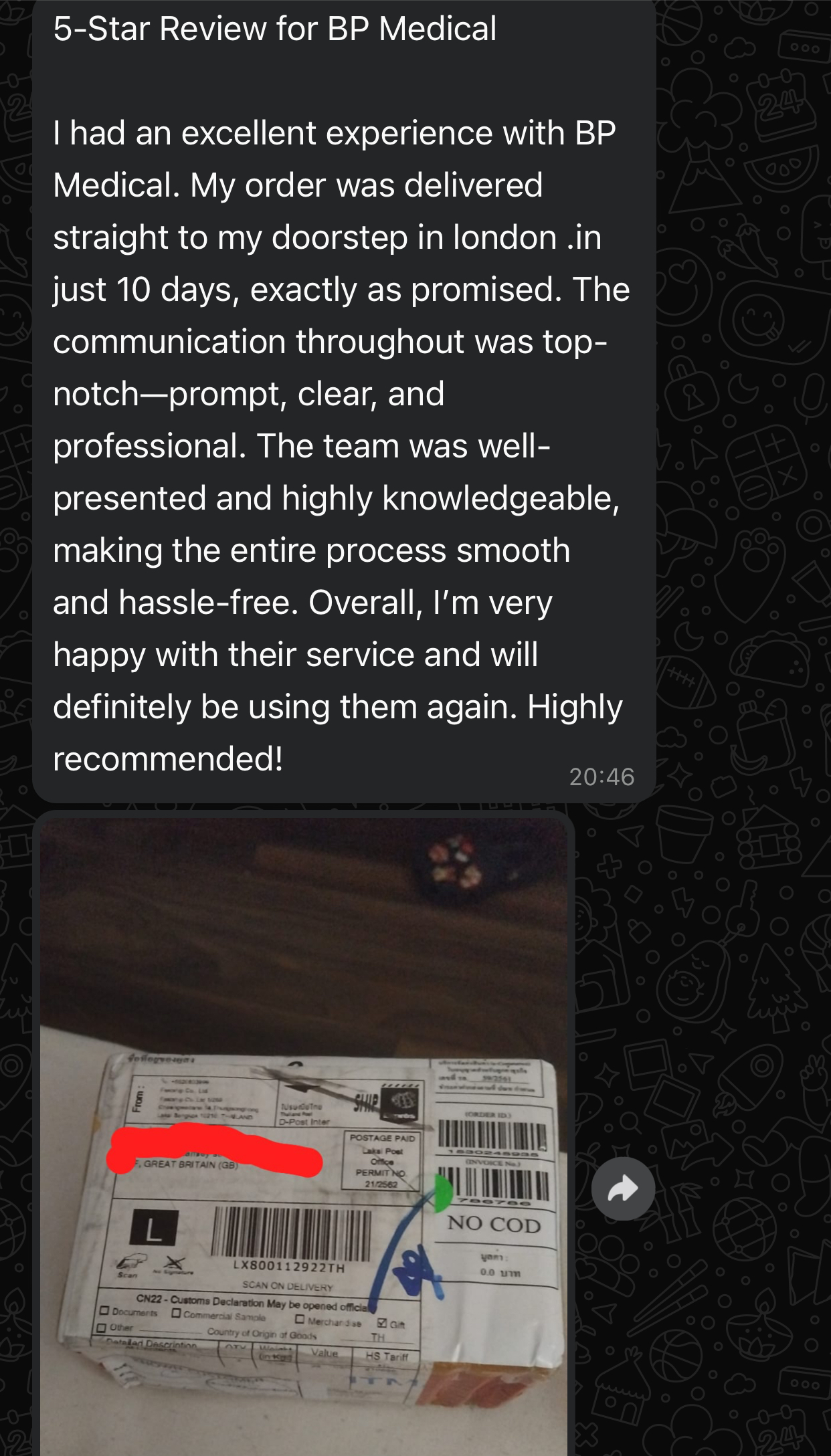 Five star review from London